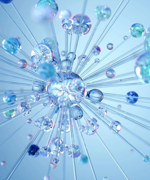 Abstrakte Darstellung gläserner Kugeln und Strukturen, die an ein molekulares oder neuronales Netzwerk erinnern.