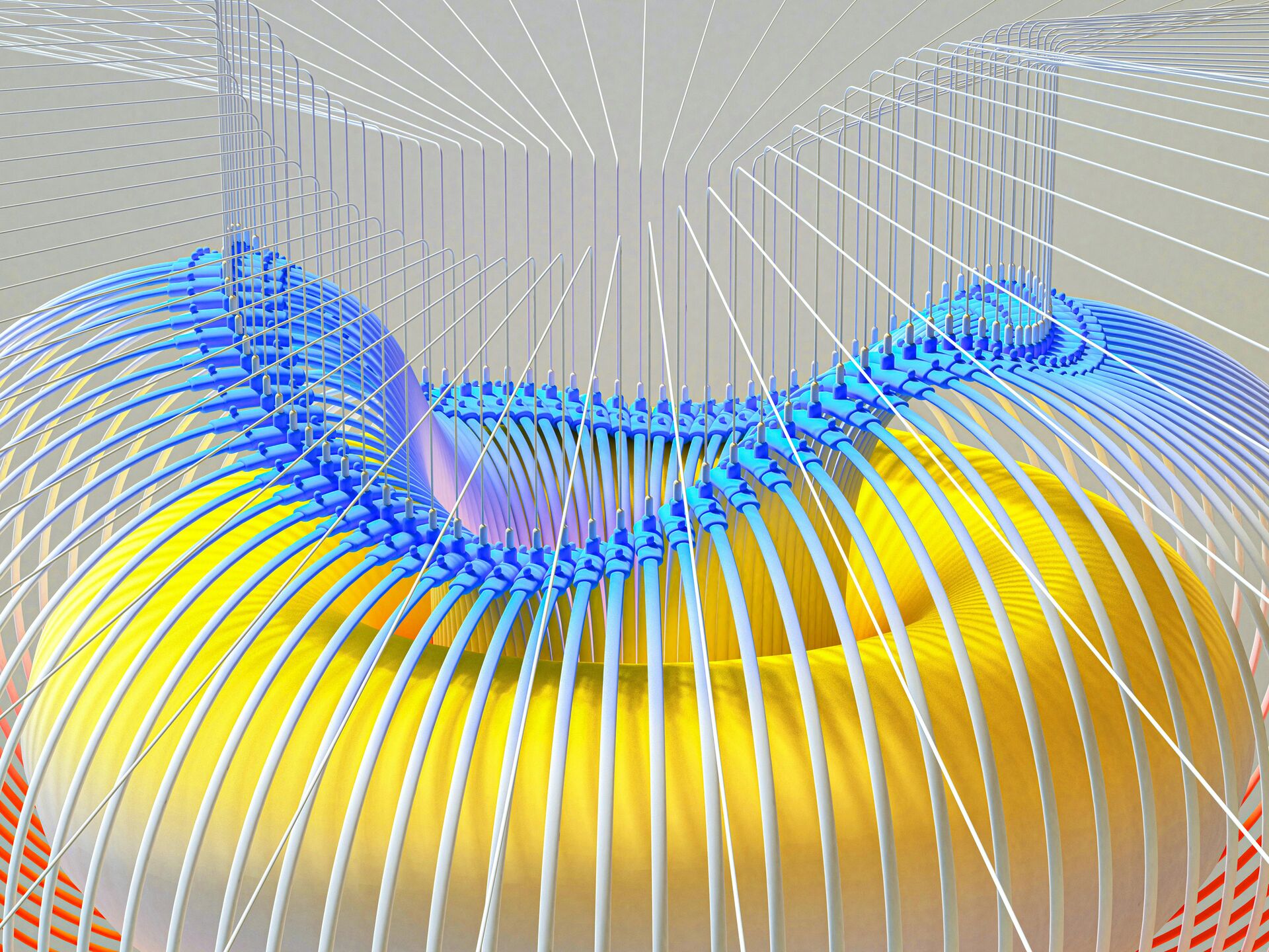 Abstrakte 3D-Struktur aus geschwungenen gelben und blauen Elementen sowie filigranen Linien in modernem Design.