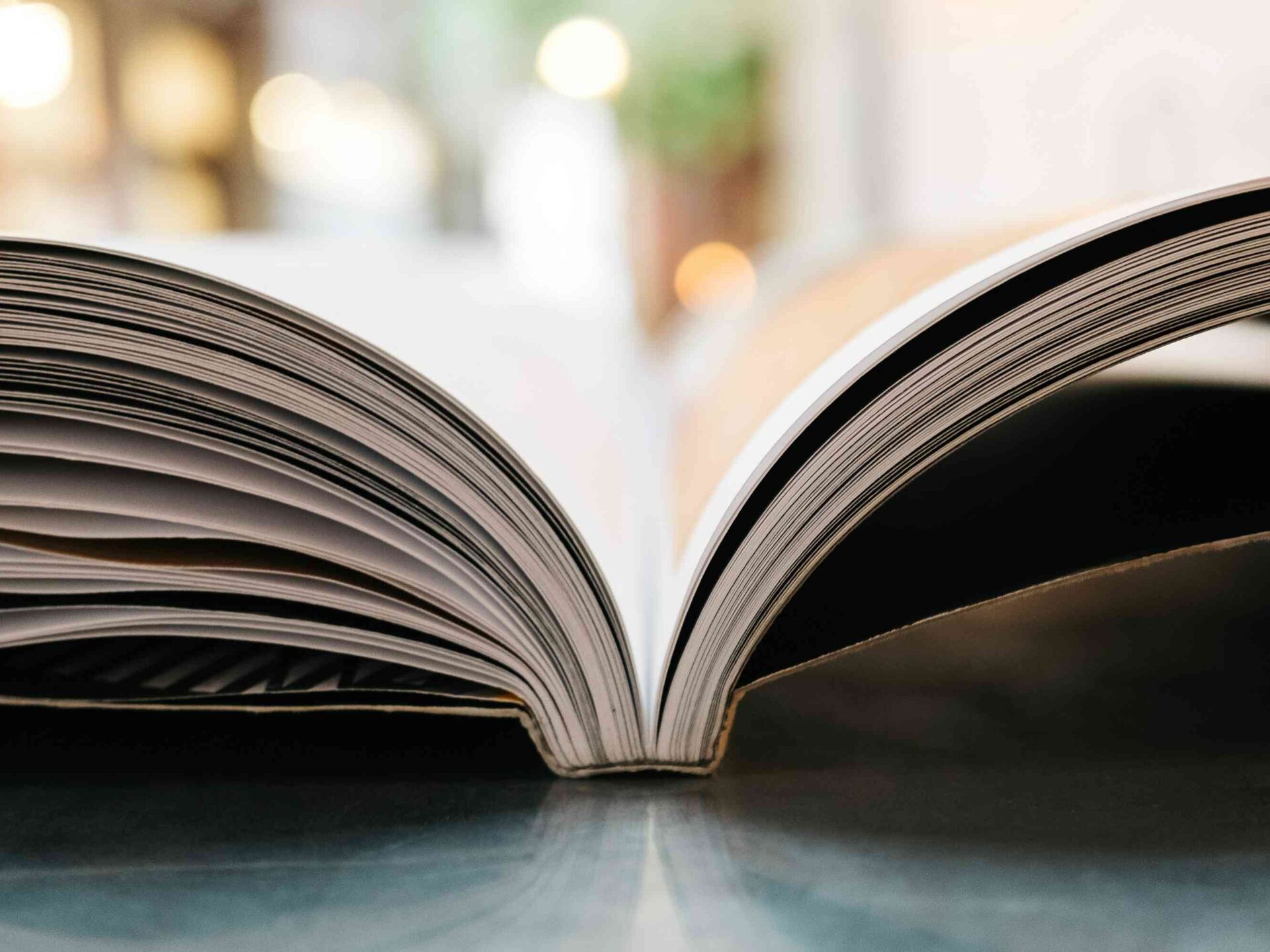Aufgeschlagenes Buch in Nahaufnahme mit unscharfem Hintergrund.