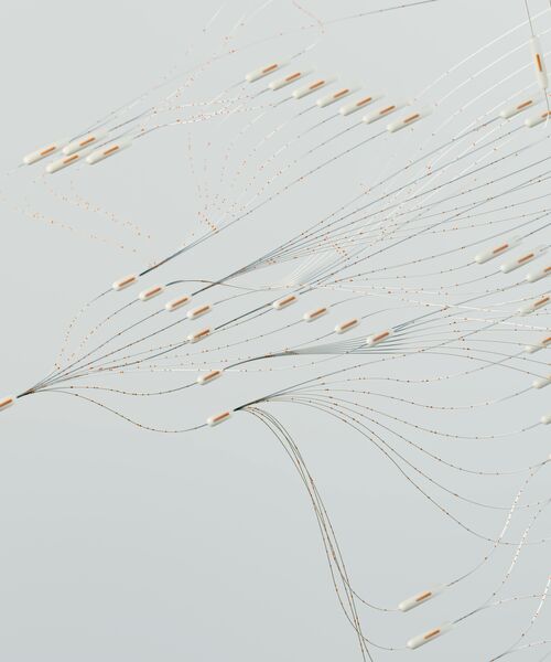 Filigrane abstrakte Linienstruktur mit kleinen zylinderförmigen Elementen auf hellem Hintergrund.