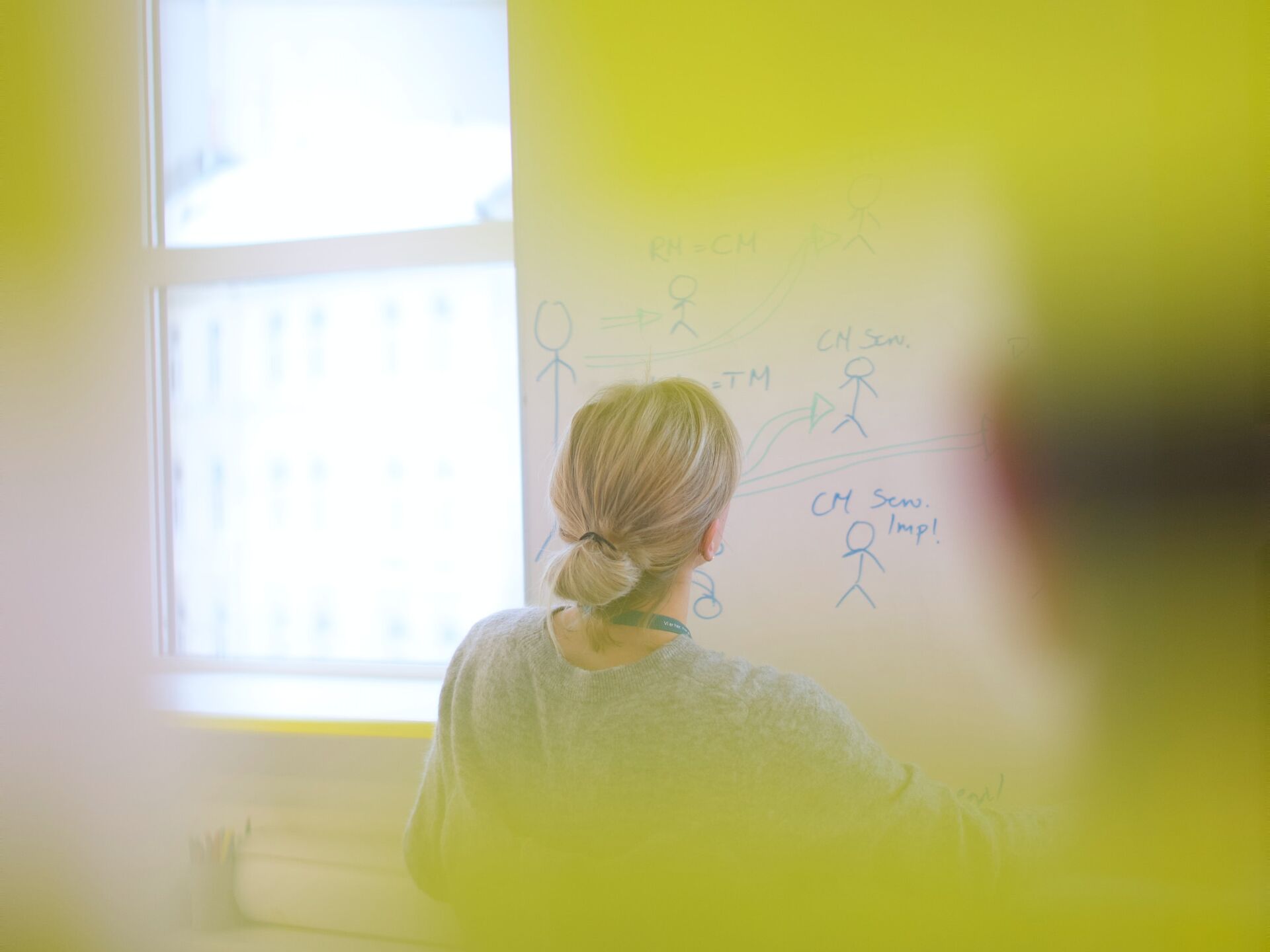 Person steht vor einem Whiteboard und erklärt ein Diagramm mit gezeichneten Figuren und Pfeilen.