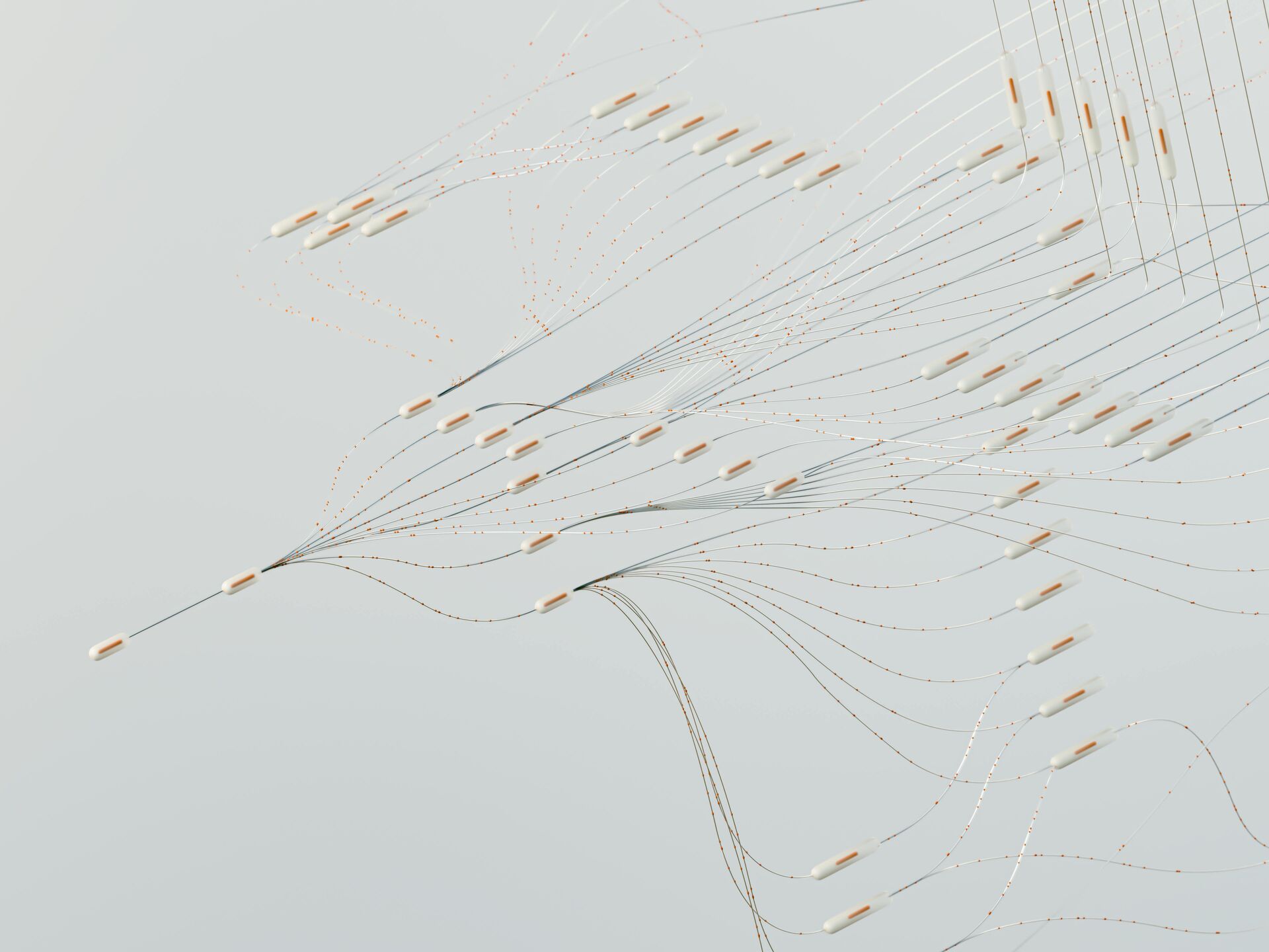 Filigrane abstrakte Linienstruktur mit kleinen zylinderförmigen Elementen auf hellem Hintergrund.