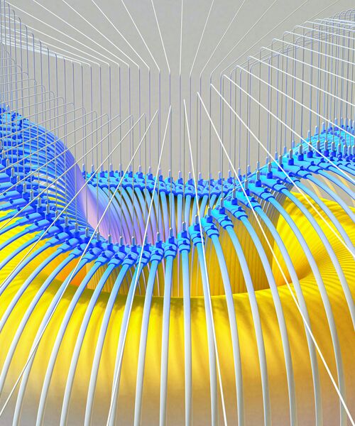 Abstrakte 3D-Struktur aus geschwungenen gelben und blauen Elementen sowie filigranen Linien in modernem Design.