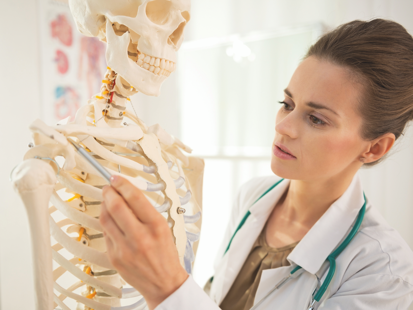 Eine Ärztin zeigt mit einem Stift auf ein menschliches Skelettmodell, um anatomische Strukturen zu erklären.